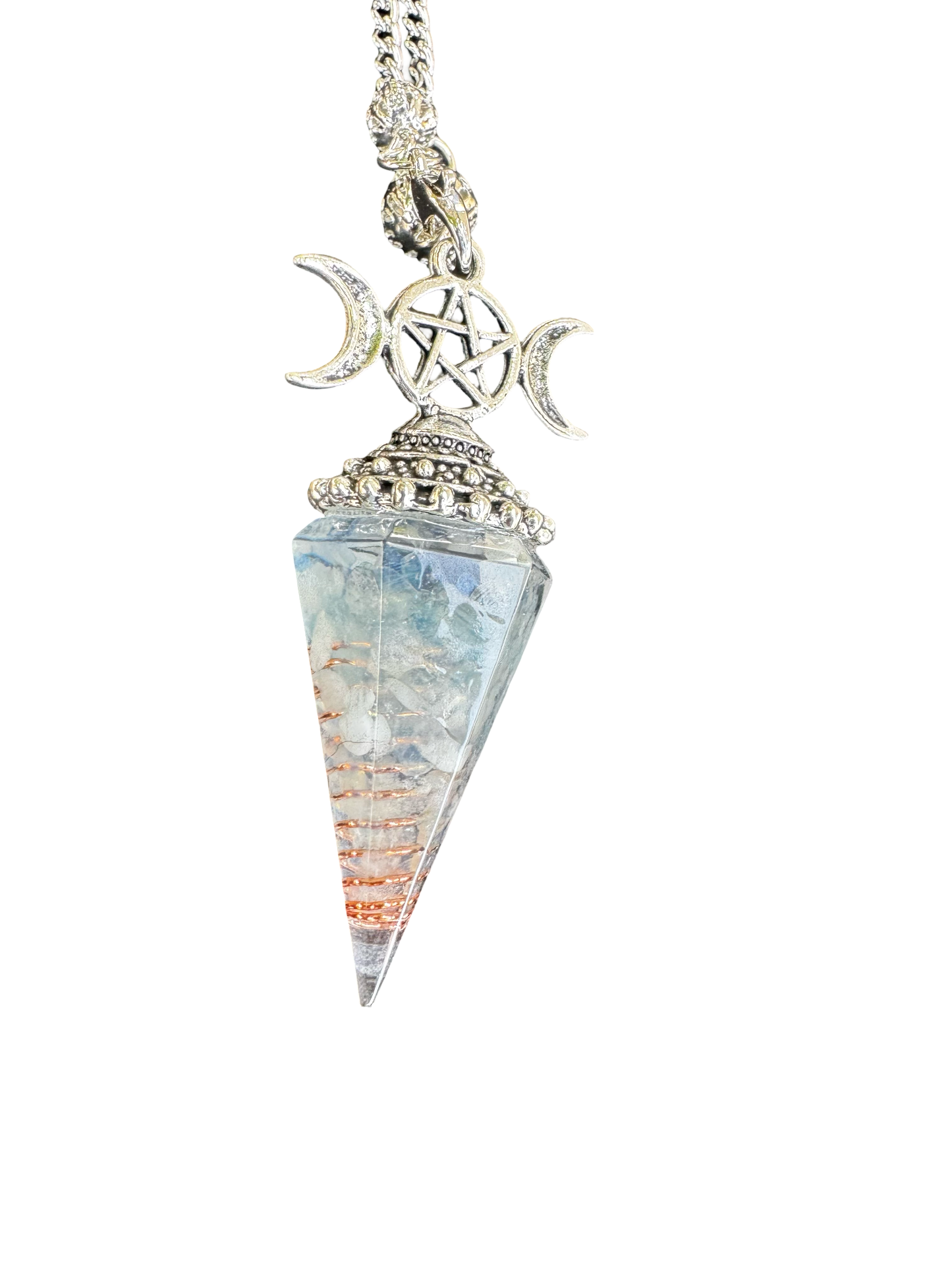 Pendule divinatoire – Résine & Éclats d'Aigue-marine – Triple Lune & Pentacle