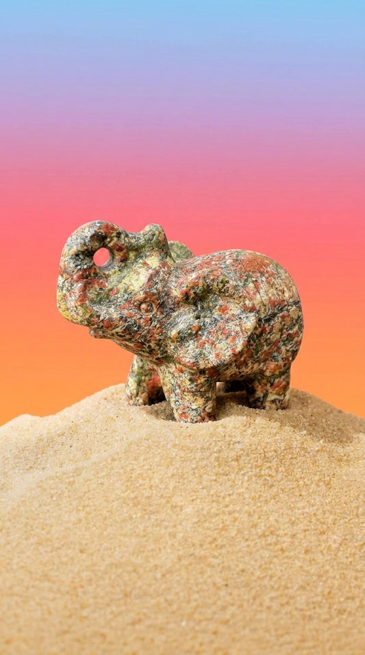 Éléphant en Unakite – Figurine en Pierre Naturelle