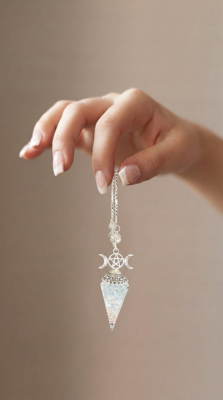 Pendule divinatoire – Résine & Éclats d'Aigue-marine – Triple Lune & Pentacle