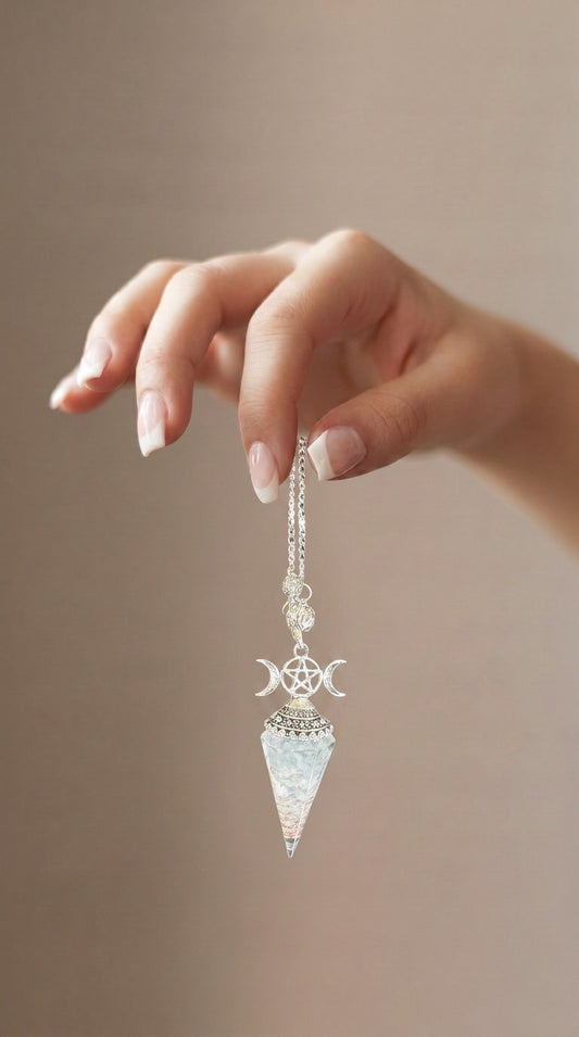 Pendule divinatoire – Résine & Éclats d'Aigue-marine – Triple Lune & Pentacle