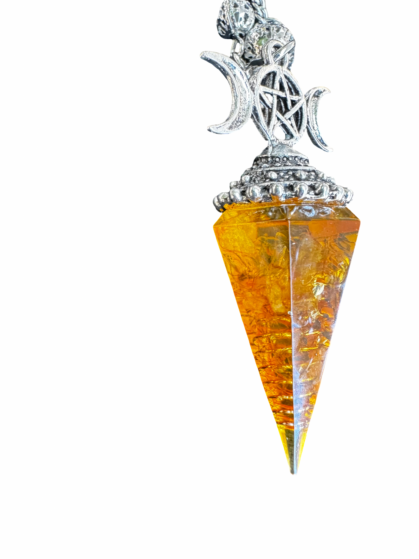 Pendule divinatoire Résine et éclats de Citrine – Triple Lune & Pentacle